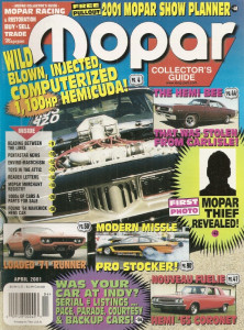 MOPAR COLLECTORS GUIDE 2001 APR - HILBORN HEMI 65 CORONET, 68 HEMI SUPER BEE